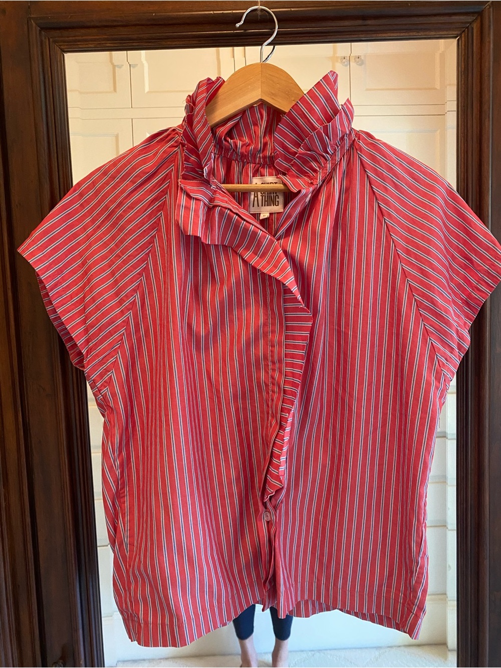 A Shirt Thing - Striped Red Ruffle-Neck Blouse, Size M